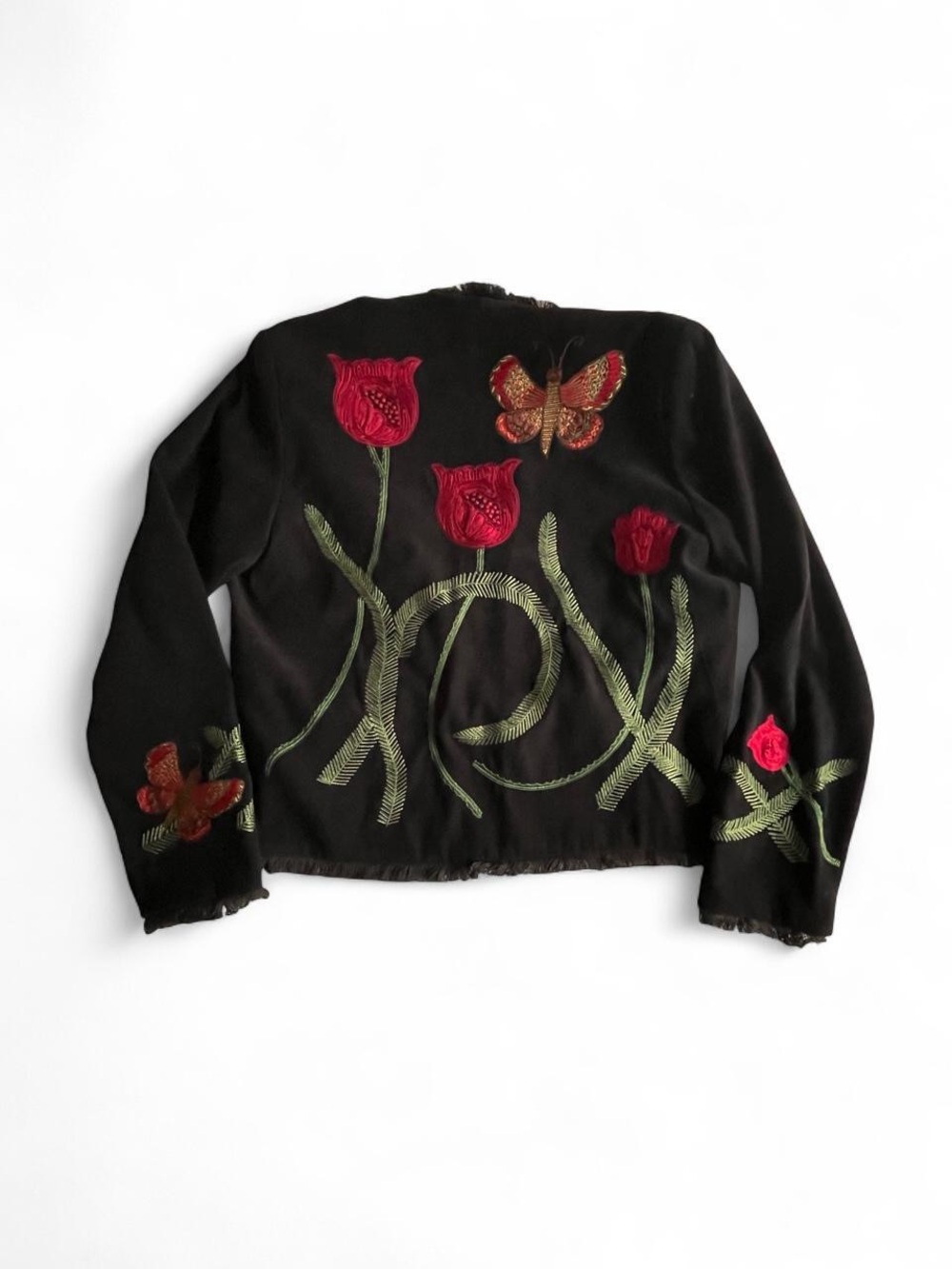 Black Floral Embroidered Jacket with Red Tulip Motif